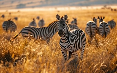 Fototapeta na wymiar zebra herd on the move against savannah backdrop