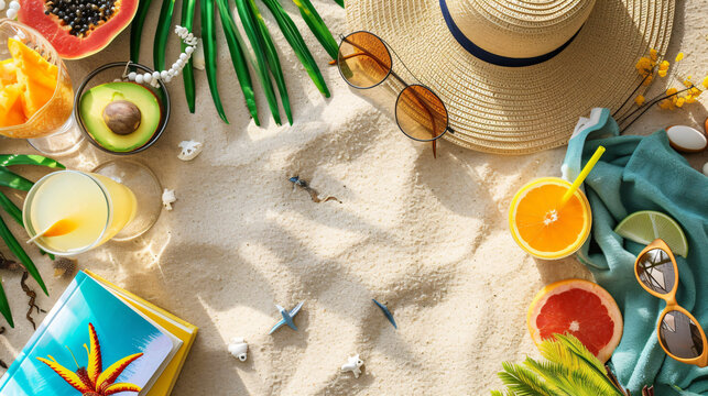 A flat lay of a summer beach day essentials including a straw hat sunglasses a beach towel sunscreen a novel and a tropical fruit cocktail spread out on sandy background.