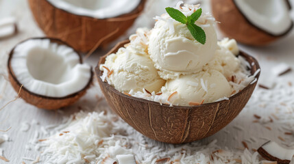 Obraz na płótnie Canvas Tropical Indulgence Vegan Coconut Ice Cream in Natural Shell