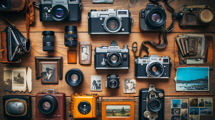 A flat lay of a vintage camera collection displaying various film cameras lenses rolls of film and old photographs carefully arranged on a wooden surface. - obrazy, fototapety, plakaty