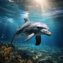 A dolphin swims underwater in the ocean in natural conditions.