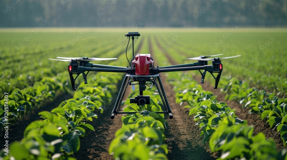 Poster high tech farm with drones monitoring crops from above