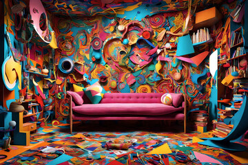 Weird room decorated with vibrant colors and distorted shapes. Inviting into a world where creativity knows no limits.