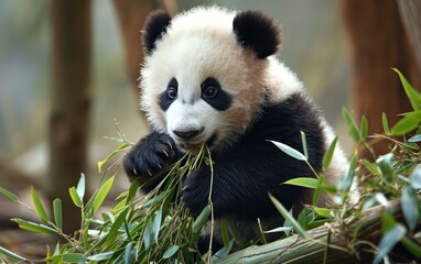 Fototapeta premium panda cub eating a bamboo