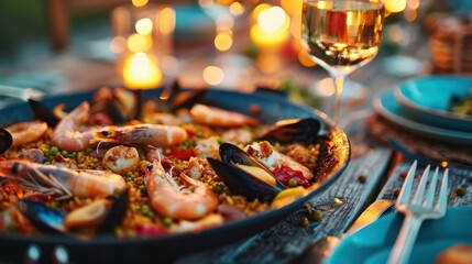 Seafood and Chicken Paella against a festive outdoor gathering