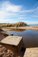 Bamburgh, Northumbria, England, UK, beach, sea, sand, defences