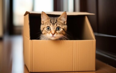Playful Little Kitten Curiously Poking Out of a Cardboard Box