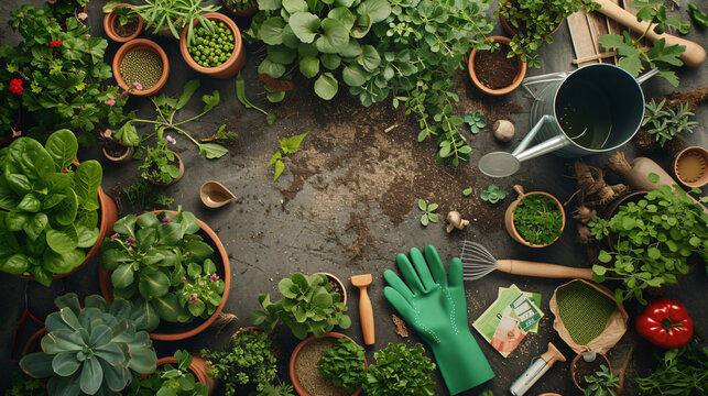 A flat lay of summer gardening tools including gloves a watering can seed packets and a variety of potted plants on an earthy background.