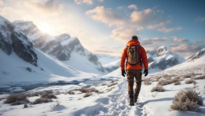 Fototapeta na wymiar Explorer in snowy landscape, breath in cold air, thrill in eyes, 8k. generative AI