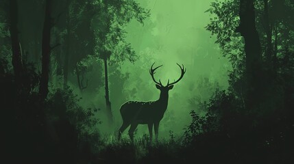 In this captivating digital image, a mystical deer stands in the midst of a luminous green forest glade, exuding a sense of magic and tranquility.
