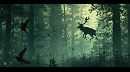 A digital art depiction of a surreal, ethereal forest scene with a silhouette of a leaping deer and birds in flight, enveloped in a mystical atmosphere.