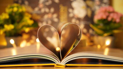 Book pages curled into a heart shape. In the background, a bokeh of lights, pink and yellow flowers