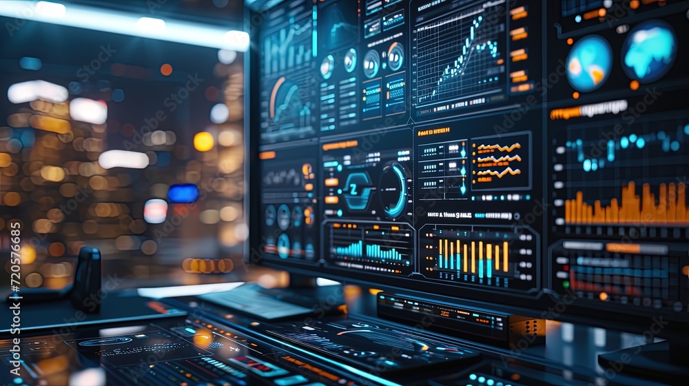 Poster close-up of an advanced control panel in a high-tech environment, showcasing various data analytics 