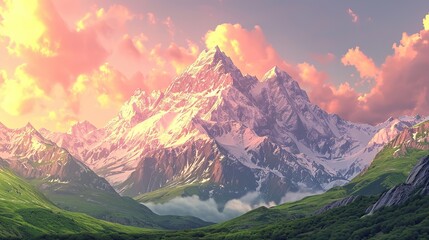An idyllic scene with snow-capped mountains illuminated by a soft sunset glow, fluffy clouds floating in a pastel-colored sky, and lush greenery in the foreground.