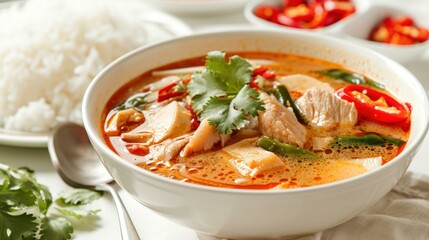 close up of a Tom Yum with Pork against a white backdrop