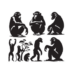 Acrobatic Ape Assemblage: Chimpanzee Silhouettes in Playful and Acrobatic Poses - Chimpanzee Illustration - Chimpanzee Vector
