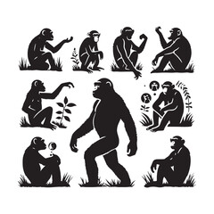 Jungle Melody: Melodic Chimpanzee Silhouettes Composing a Harmony of Nature's Rhythms - Chimpanzee Silhouette - Chimpanzee Illustration - Chimpanzee Vector
