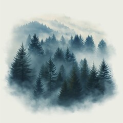 A dreamy watercolor illustration of a tranquil winter forest enveloped in a veil of mist. The abstract shapes and transparent background evoke a sense of mystery and intrigue