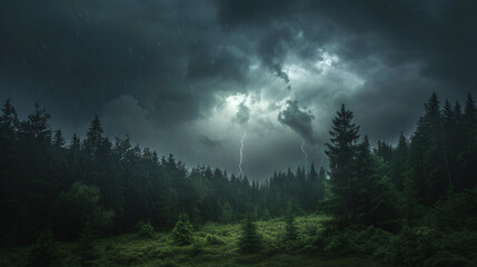 A forest during a thunderstorm with dark clouds heavy rain and occasional flashes of lightning.