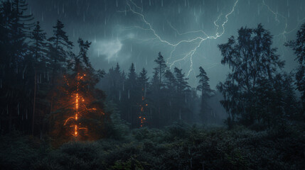 A forest during a thunderstorm with lightning illuminating the trees and heavy rain.