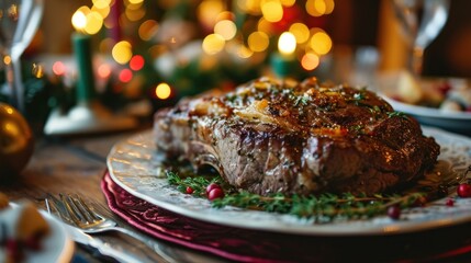 Herb Encrusted Prime Rib Steak against a festive dining table
