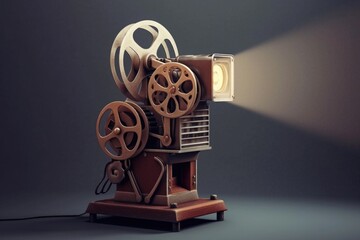 A retro movie projector shows a movie - obrazy, fototapety, plakaty