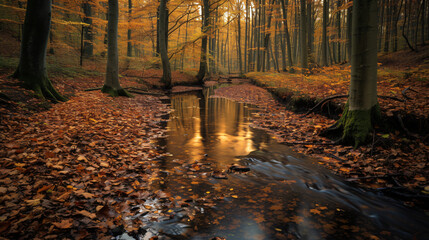 A forest during autumn with a carpet of golden leaves and a small meandering stream.