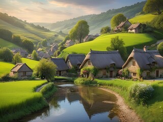 Fototapeta premium Free Photo mountain lake with a mountain landscape and a colorful sky with snow and house New View 