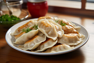 Polish Pierogi dumplings on white plate