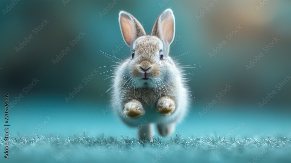 Poster a rabbit is running in the grass with its eyes wide open and it's ears wide open, with a blurry back