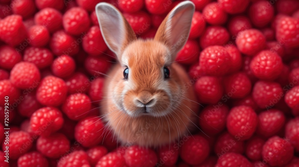 Aufkleber a close up of a small rabbit in a pile of raspberries with one eye on the camera and one in the midd