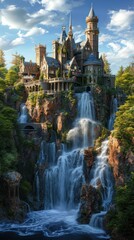 Castle perched majestically amid cascading waterfalls.