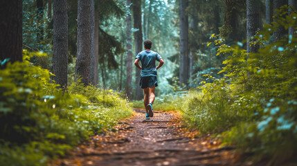 A man jogging on a trail in a forest 