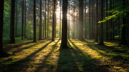A forest in the late afternoon sun with elongated shadows and a tranquil atmosphere.