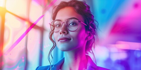 Fototapeta premium Focused expression of a confident entrepreneur woman using AI tools for e-commerce