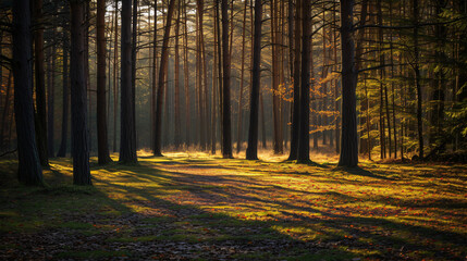 A forest in the late afternoon sun with elongated shadows and a tranquil atmosphere.