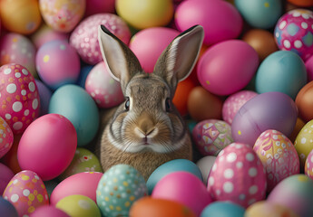 Fototapeta na wymiar Bunny Amidst Easter Eggs in Blue and Red on a Blue Background with Copy Space: A Festive Spring Celebration, generative ai. 