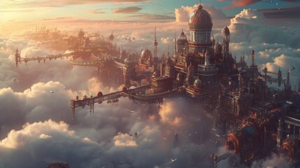 A magical steampunk metropolis rises above the clouds