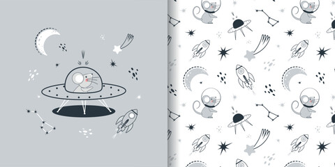 Seamless pattern with cute mouse in space, vector background. Ideal for fabric, baby textiles, baby bedding, wallpaper, sleepwear, packaging and more. - obrazy, fototapety, plakaty