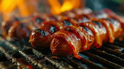 BBQ bacon wrapped hot dog on a grill background - obrazy, fototapety, plakaty