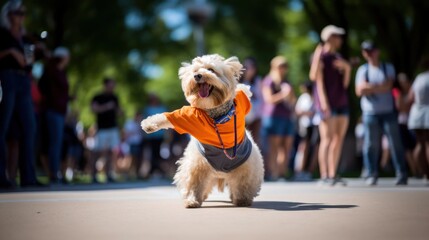 funny dog in clothes and sunglasses dancing at a music festival
