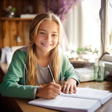 Smiling Young Girl Studying Happily at Home