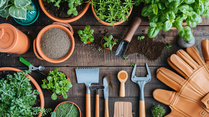 A gardening flat lay with a variety of potted plants gardening tools seeds and gloves spread out on an earthy wooden surface. - Powered by Adobe