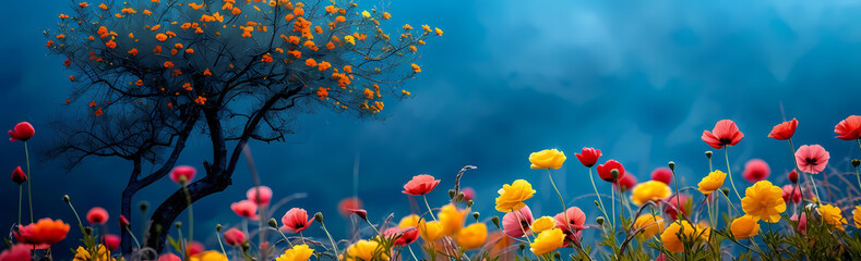 wallpaper made of pink and yellow spring flowers in a field with a blue sky Generative Ai