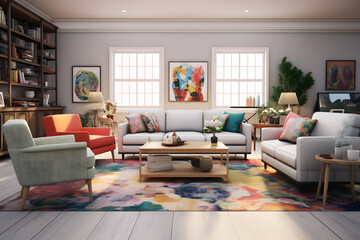 family room with a variety of seating options  - obrazy, fototapety, plakaty