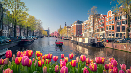 A gondola ride through the canals of Amsterdam Netherlands with historic houses and blooming tulips lining the waterways.