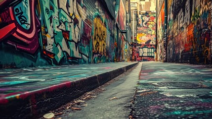 Fototapeta premium Bright graffiti that stretches along the wall. Dynamic visual storytelling in a vibrant cityscape.