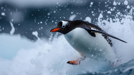 Gentoo penguin slides downhill to the ocean on Danko Island, Antarctica.