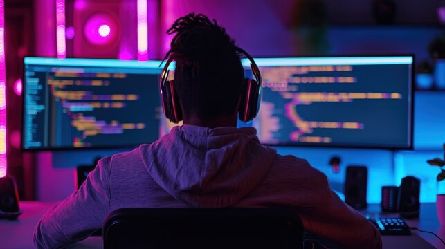 programmer intense focus on the task, screens filled with code snippets