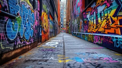 Bright graffiti that stretches along the wall. Dynamic visual storytelling in a vibrant cityscape.